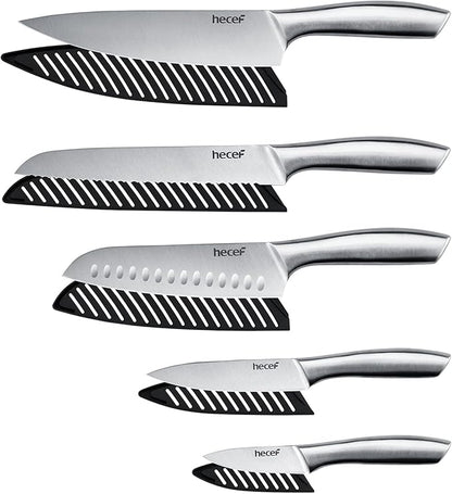 hecef Silver Kitchen knife set of 5, Satin Finish Blade with Hollow Handle, includes 8" Chef, 8" Bread, 8" Santoku, 5" Utility and 3.5" paring knife