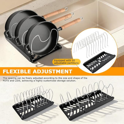 Expandable Pot and Pan Organizer Rack for Kitchen Cabinet or Under Sink,with 10 Adjustable Compartment 13"-23" Adjustable Length for Lids Bakeware Frying Rack and Cookware(COLOR:Black)