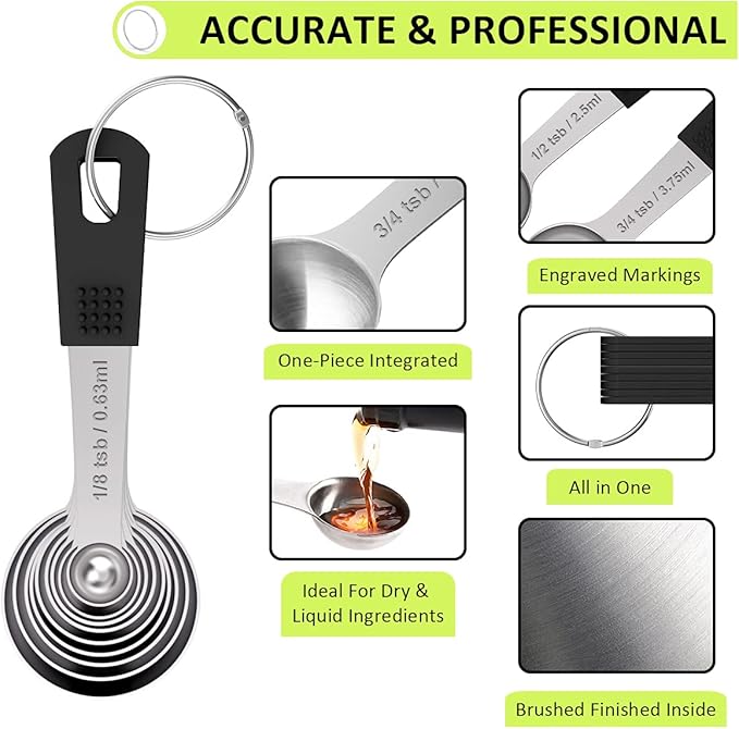 Measuring Cups & Spoons Set of 18 - Wildone Stainless Steel Nesting Measuring Cups 8 Piece and 9 Measuring Spoons, 1 Leveler, Ideal for Dry and Liquid Ingredients (Black) - Image 5