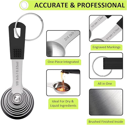 Measuring Cups & Spoons Set of 18 - Wildone Stainless Steel Nesting Measuring Cups 8 Piece and 9 Measuring Spoons, 1 Leveler, Ideal for Dry and Liquid Ingredients (Black) - Image 5
