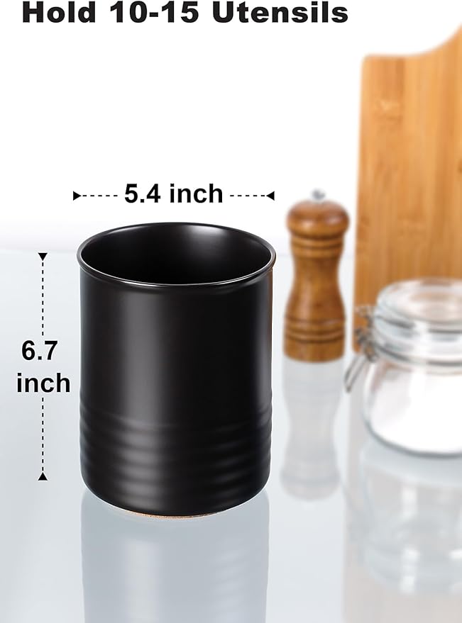ABRUTY Utensil Holder, 6.7" Ceramic Kitchen Utensil Crock for Countertop Cooking, Modern Utensil Caddy Jar Organizer for Farmhouse Kitchen Counter Décor, Matte Black - Image 2