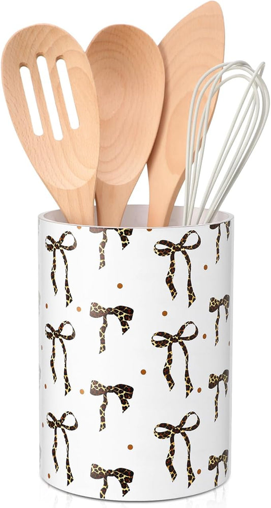 WILLBOND Leopard Print Bow Kitchen Decor Acrylic Kitchen Utensil Holder Crock Spoon Organizer for Countertop Table Decor Coffee Spoon Holder Jar for Cooking Tools