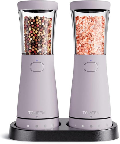 Electric Salt and Pepper Grinder Set with Storage Base, Stainless Steel Rechargeable Salt and Pepper Grinder Set with 4.5 oz Large Capacity, 1.8" Wide Mouth, Adjustable Coarseness, Ideal for Kitchen by Tomeem
