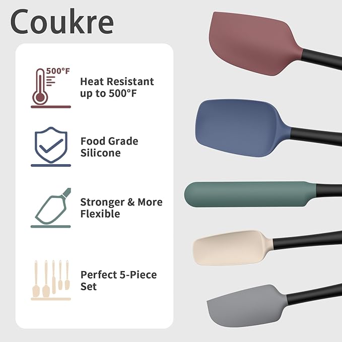 Coukre Silicone Spatula Set of 5,High Temperature Resistant, Food Grade Silicone, Dishwasher Safe, for Baking, Cooking (Colorful A Black) - Image 3