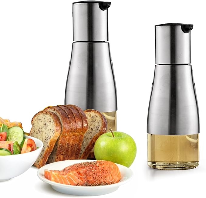 Tebery 2 Pack Silver Olive Oil and Vinegar Dispenser Set, 10OZ Oil Dispenser Cruet with Easy & Drip Free Pouring, Elegant Stainless Steel with Glass Bottom - Image 6