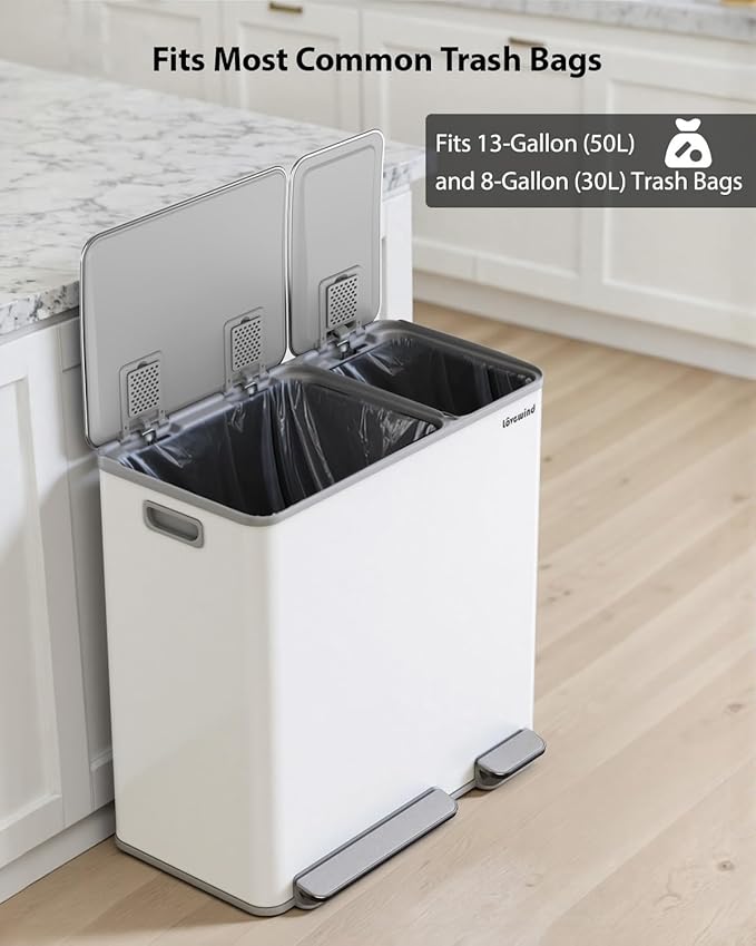 Lovewind Dual Trash Can, 14 + 6 Gallon Garbage Can for Kitchen Dual Compartment Recycling Kitchen Step Trash Bin, Stainless Steel Trash and Recycle Bin Combo with Soft-Close Lid, White - Image 7