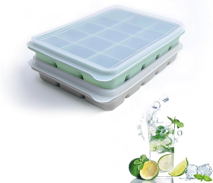 Ice Cube Trays Set of 2, Easy Release 15 Flexible Silicone Ice Cube Molds with Removable Lid Reusable Freezer Ice Trays Stackable for Whiskey, Baby Food, BPA Free (GREEN+GRAY) by Tvmania
