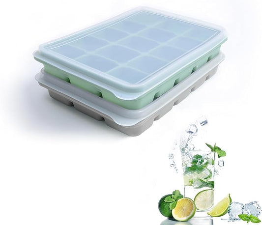 Ice Cube Trays Set of 2, Easy Release 15 Flexible Silicone Ice Cube Molds with Removable Lid Reusable Freezer Ice Trays Stackable for Whiskey, Baby Food, BPA Free (GREEN+GRAY) by Tvmania