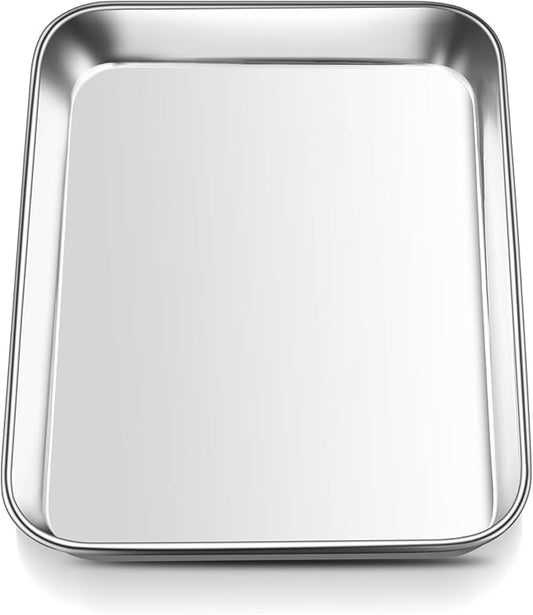 E-far Mini Toaster Oven Tray, 9.4”x7.3” Stainless Steel Baking Cookie Sheet, Small Non-toxic Metal Baking Pan for Cake, Rust Free & Warp Free, Mirror Finish & Dishwasher Safe, 1 Pack by E-far
