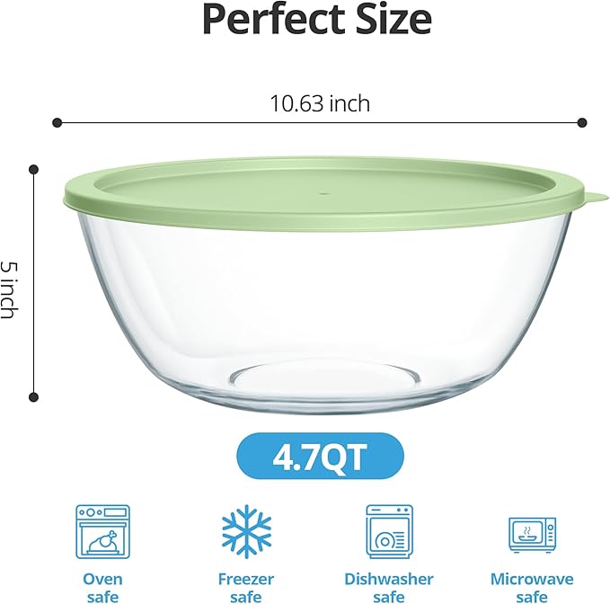 Extra Large Glass Mixing Bowls Clear Glass Salad Cooking Bowls for Kitchen Salad Bread Storage (4.7Qt) - Image 2