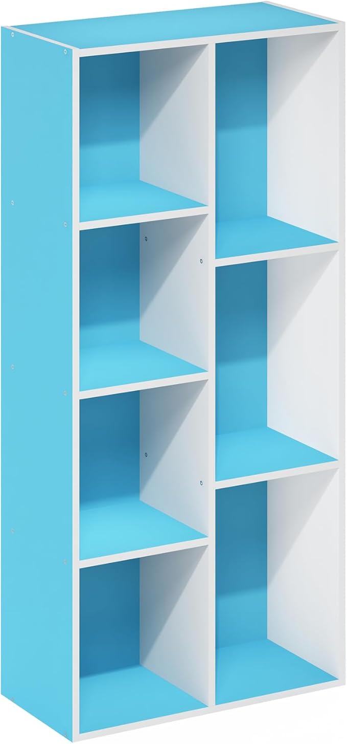 Furinno LUDER Book Shelf, 7-Cube Bookshelf, Bookcase with Open Shelves, 9.4 x 19.5 x 41.7, Easy Assembly, for Living Room, Bedroom, Home Office, White/Light Blue - Image 6