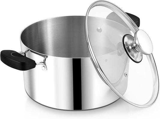 8 Quart 3-Ply Cooking Stock Pot with Lid, P&P CHEF Stainless Steel Large Pot for Pasta Soup, Work on Multi Stove, Heavy Duty & Dishwasher Safe, Dual Heat-resistant Handles & Transparent Glass Lid by PPCHEF