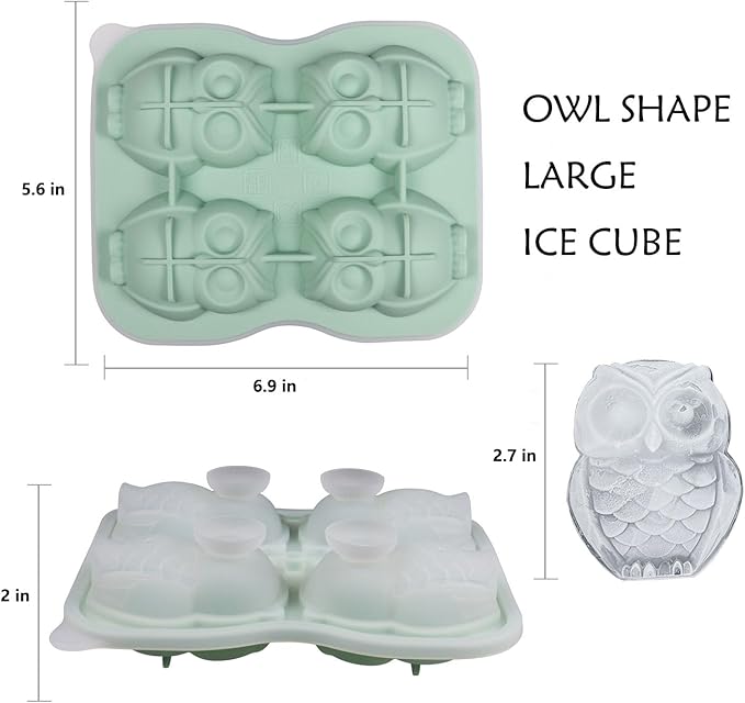 Cute Owl Ice Cube Mold, Owl Shapes Ice Cube Tray, Silicone Ice Mold Fun Shapes, Make 4 Large Owl Ice Balls for Whiskey Cocktails Drinks, Green