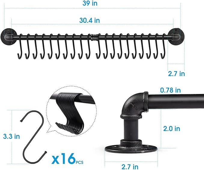 Industrail Pipe Pot Pan Rack, Wall mount Pot hangers Pan Haniging Rail Lid Hnager for kitchen with S Hooks (39"-2 Pack) - Image 2