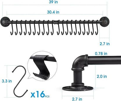 Industrail Pipe Pot Pan Rack, Wall mount Pot hangers Pan Haniging Rail Lid Hnager for kitchen with S Hooks (39"-2 Pack) - Image 2