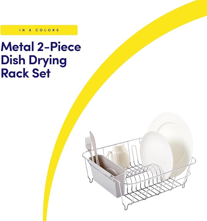 Dish Drying Rack & Cutlery Holder 2 Piece Set - Compact Sink-Fitting Dish Drainer with Rubberized Undercoating, Space-Saving Kitchen Organizer for Plates, Cups, Bowls & Utensils in Sink, Silver - Image 2