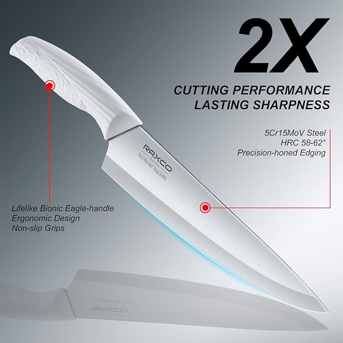 RAXCO Knife Set with Block,12-Piece Stainless Steel Kitchen Knives for Professional Cutting,White