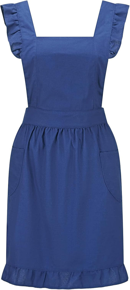 Hyzrz Retro Adjustable Ruffle Aprons with Pockets for Women Girls Vintage Cross Back Pinafore Dress Maid Costume Apron