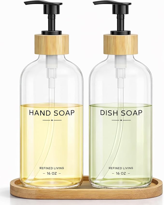 Hand and Dish Soap Dispenser Set,16oz Glass Bottles with Printed Labels, Bamboo Tray & Pump,Countertop Soap Dispensers for Kitchen,Luxury, Minimalist & Farmhouse Decor (Hand Dish (Transparent)) by Aeakey