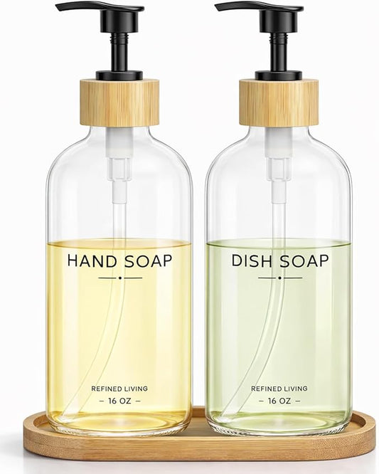 Hand and Dish Soap Dispenser Set,16oz Glass Bottles with Printed Labels, Bamboo Tray & Pump,Countertop Soap Dispensers for Kitchen,Luxury, Minimalist & Farmhouse Decor (Hand Dish (Transparent)) by Aeakey