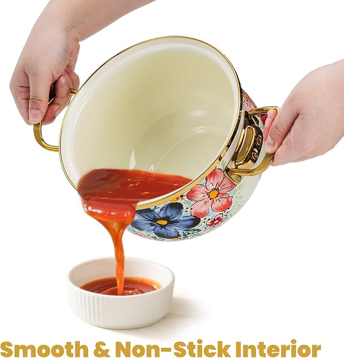 SOUJOY 3 Quart Enamel Cooking Pot with Glass Lid, Non-Stick Soup Pot with Handle, Vintage Floral Bean Stew Simmer Pot for Kitchen, Induction & Gas Stove Safe, Mother's Day, Wedding, Christmas Gift - Image 5