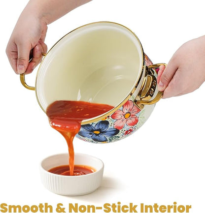 SOUJOY 3 Quart Enamel Cooking Pot with Glass Lid, Non-Stick Soup Pot with Handle, Vintage Floral Bean Stew Simmer Pot for Kitchen, Induction & Gas Stove Safe, Mother's Day, Wedding, Christmas Gift - Image 5