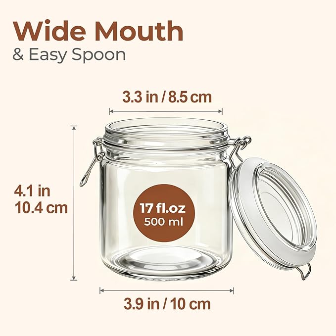 ComSaf 17oz Overnight Oats Containers with Lids 6-Pack, Wide Mouth Glass Jars for Meal Prep, 500ml Airtight Glass Canisters with Wire Clamp for Sourdough Starter, Fridge Pickling & Pantry Organization - Image 2