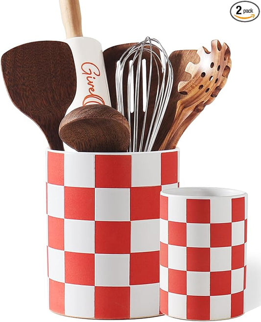 Utensil Holder，7.1"+5.8" Ceramic Kitchen Utensil for Counter top, Checkered Cooking Utensil Holder for Spatula & Spoon, Kitchen Decor, Set of 2 (Red Checkered) by Swkien