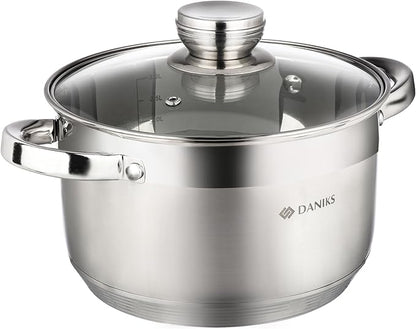 Daniks Standard 4 Quart Stainless Steel Stock Pot with Glass Lid, Tri-Ply Bottom for Even Heating, Induction Compatible, Dishwasher Safe, Built-In Measuring Scale, Silver