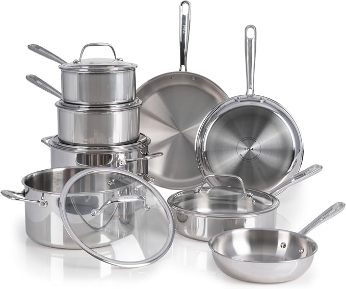 T-fal Pro Tri-Ply Stainless Steel Cookware Set 13 Piece Induction Compatible, Oven Safe 500F, Lids 350F, Fast & Even Heat, Pots and Pans Set, Professional Quality, Kitchen Essentials, Silver by T-falbrand