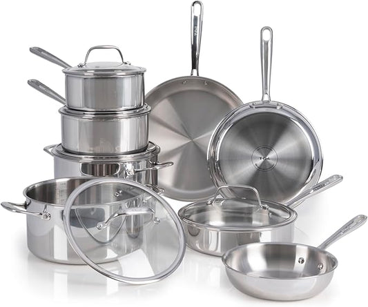 T-fal Pro Tri-Ply Stainless Steel Cookware Set 13 Piece Induction Compatible, Oven Safe 500F, Lids 350F, Fast & Even Heat, Pots and Pans Set, Professional Quality, Kitchen Essentials, Silver by T-falbrand
