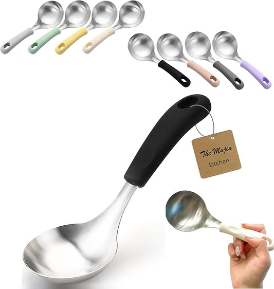 Korean Mukbang Spoon, Serving Spoon, Multipurpose Stainless Steel Ladle Silicone handle Serving Cooking Ladle 먹방 스푼,미니 국자, 서빙스푼 전현무 국자 (Black)