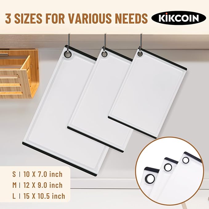 Kikcoin Plastic Cutting Boards for Kitchen, 3-Piece Large Cutting Board Set Dishwasher Safe Chopping Boards with Non-slip Feet and Juice Grooves, White - Image 2