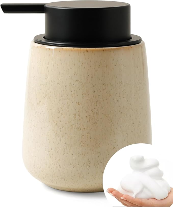 Bosilunlife Ceramic Foaming Soap Dispenser - 12Oz Bathroom Countertop Kitchen Dish Soap Pump Dispenser Foam Soap Dispenser - Greige with Speckle