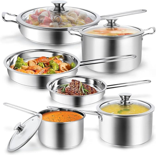 Aufranc 10-Piece Pots and Pans Set, Stainless Steel Cookware Set- Includes Ergonomic Handle Saucepans, Skillets, Dutch Oven, Stockpot, Steamer & More - Premium Pots and Pans for Home Chefs by Aufranc