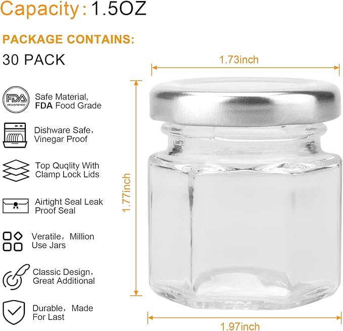 Accguan 30 Pcs 1.5 oz Glass Jars with Silver Lids, Mini Mason Jars for Gifts, Crafts, Wedding, Spice, ExtraTags String