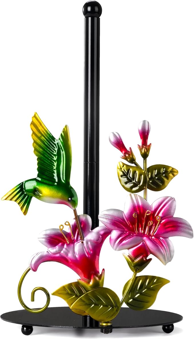 Flower & Hummingbird Decor Paper Towel Roll Holder Countertop - Farmhouse Kitchen Decor and Accessories, Hummingbird Housewarming Gifts for Women Mom Grandma, 3D Handmade Pattern, Weighted Base by Shinlar