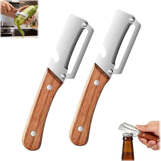 2PCS Premium Vegetable Peeler with Wooden Handle and Bottle Opener, Multi-Functional Vegetable Peeler, Stainless Steel Blade Kitchen Tool for Fruit by Unknown
