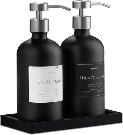 Glass Soap Dispenser Set of 2 (Black) with Silicone Tray | Hand and Dish Soap Dispenser for Kitchen and Bathroom | 16.8 Oz Glass Bottles with Stainless Steel Pump & 15 Waterproof Labels (Black/Silver)