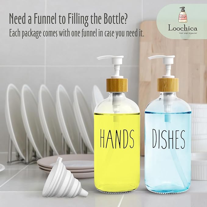 LOOCHICA 2 Pack Clear Glass Soap Dispenser with Plastic Pump, Transparent Dish and Hand Soap Dispenser Set, Refillable Reusable Apothecary Soap Pump Dispenser Bottles for Bathroom and Kitchen - Image 8