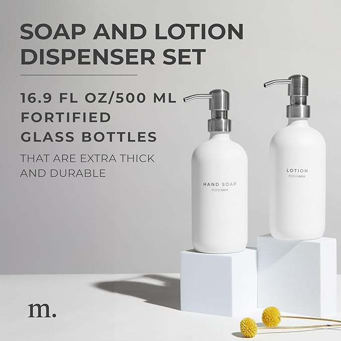 MaisoNovo Soap Dispenser 2-Piece Set | 16.9oz White Bottles with Silver Stainless Steel Pump Core