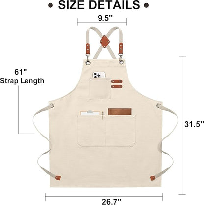 ZOMAO Chef Apron for Women Men with Large Pockets, Cotton Canvas Cross Back Waterproof Work Aprons for Kitchen Cooking Bib
