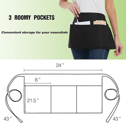 DUSKCOVE 12 Pack Server Aprons with 3 Pockets - Waitress Half Aprons for Women Men Water Resistant with Long Waist Strap