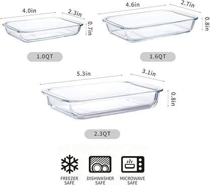 High Borosilicate Glass Baking Tray 3-Piece Set, 2.3 Quarts+1.6 Quarts+1.0 Quarts Rectangular Glass Baking Dish Container for Microwave and Oven, Suitable for Cooking, Baking Bread, Cakes and Meals