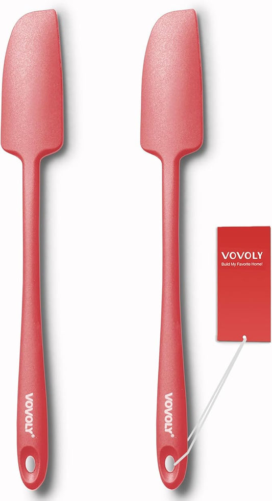 2-Pack Vovoly Silicone Jar Spatulas, Small Seamless Design Rubber Scraper with Stainless Steel Core, Heat Resistant and Non-Stick Mini Spatula for Jars and Blenders, BPA Free,11 IN, Red