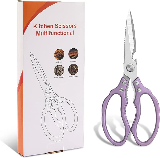CGBE Kitchen Scissors All Purpose Heavy Duty, Ultra Sharp Stainless Steel Kitchen Shears Dishwasher Safe, Cooking Shears for Chicken, Poultry, Fish, Meat, Herbs & Grapes with Non-Slip Grips - Purple - Image 7