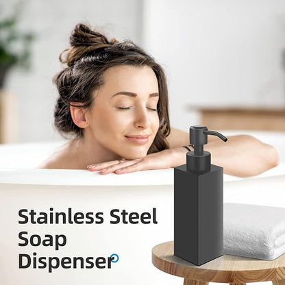Black Soap Dispenser, Matte Black Stainless Steel, Rust-Proof Liquid Hand Dish Dispenser for Bathroom & Kitchen, 8.5 Oz Refillable Countertop Lotion Bottle (Square) - Image 6
