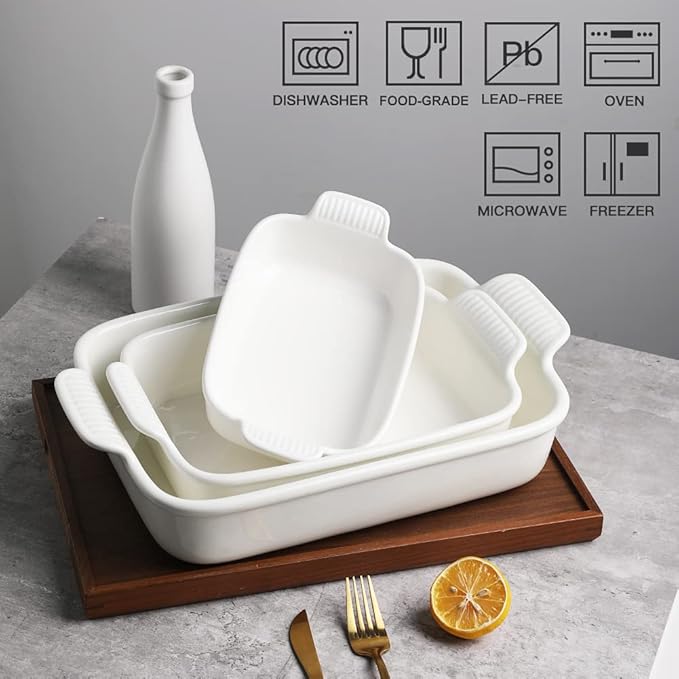Sweejar Baking Pans Set, Ceramic 9x13 Baking Dish with Handle, Rectangular Casserole Dishes for Oven, Bakeware Sets of 3, Durable Lasagna Pan Deep for Kitchen, Banquet, Wedding Gift(White) - Image 2