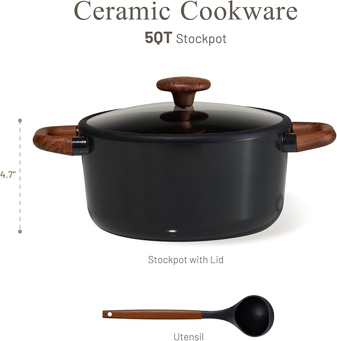 CAROTE 5QT Ceramic Stock Pot with Ladle, Nonstick Casserole with Lid, Even Heating Stockpot, Fits All Stoves, Non Stick Large Capacity Cooking Pots, PFAS Free, Black - Image 2