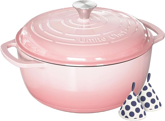 Umite Chef 6QT Enameled Cast Iron Dutch Oven with Lid, Versatile Heavy-Duty Cookware Pot for Baking Bread, Braising, Soups & Stews, Oven & Stovetop Safe with Heat Resistant Gloves(Pink) by UmiteChef